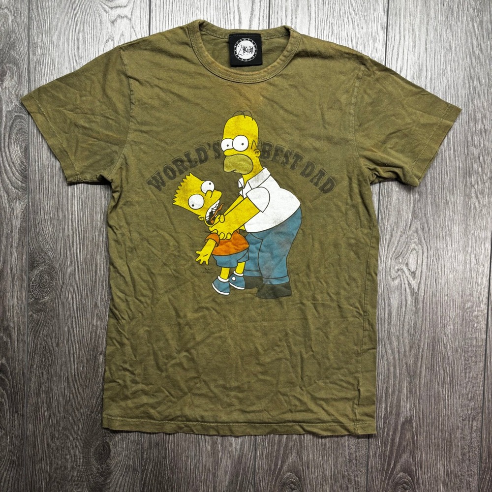 Vtg The Simpsons Small Worlds Best Dad Homer Bart Graphic Tee Olive Green Y2k